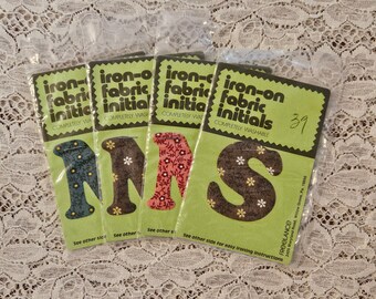 Retro 70s Iron on Fabric Initials 4 Letters in Calico Print M, S Vintage 1970s Groovy Hippie