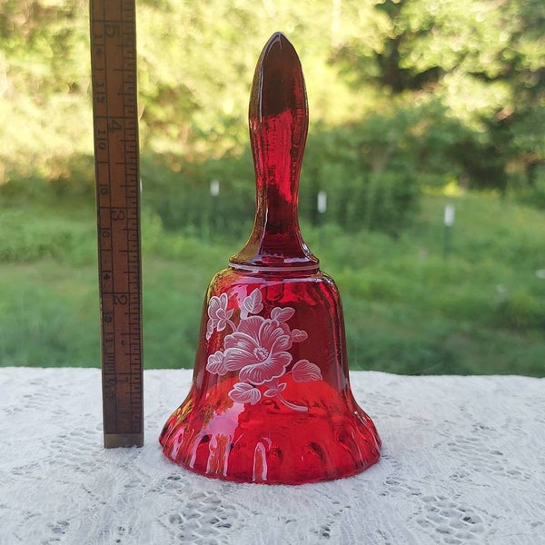 Westmoreland Glass Bell Ruby with White Flower Decoration Vintage Collectible