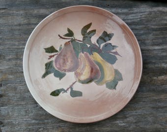 Rustic Vintage Fruit Plate Three Pears on Brown Large Decorative Plate Country Pear Design