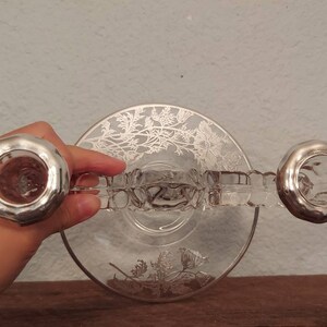 Vintage Glass Double Candle Holders Silver Etched Flower Design image 4