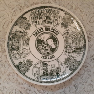 Vintage Amana Colonies Souvenir Plate Green Transferware American Ironstone