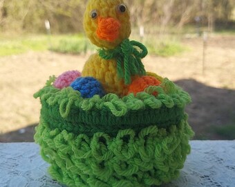 Cute Vintage Crocheted Easter Decoration Chick or Duck on Basket Nest from Old Butter Tub