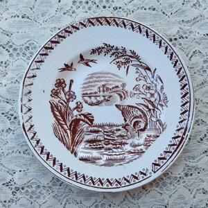Water Hen Plate by Allerton and Sons Antique Aesthetic Style Brown Transferware Child's Plate