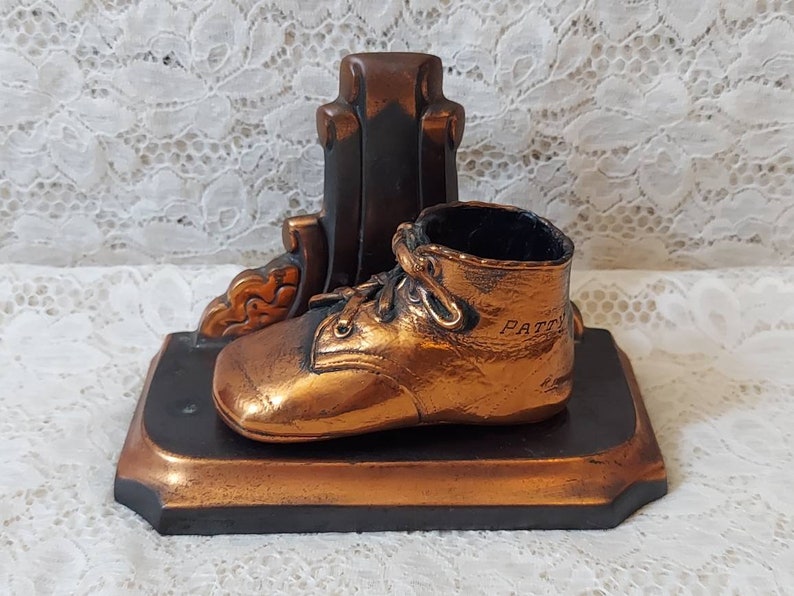 Sweet Bronzed Baby Shoe Bookend Engraved PATTY Makes a Cute Baby Shower Centerpiece or Nursery Decor image 1