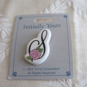 Vintage Brooch Letter S with Pink Rose Initial Pin 1980s