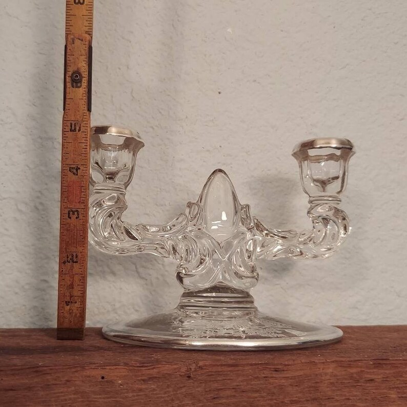 Vintage Glass Double Candle Holders Silver Etched Flower Design image 3