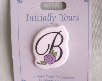 Letter B with Purple Rose Vintage 80s Ceramic Initial Brooch Pin