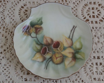 Vintage Shell Nut or Candy Dish, Handpainted Chestnuts and Leaves, Autumn or Fall Design, Chestnut