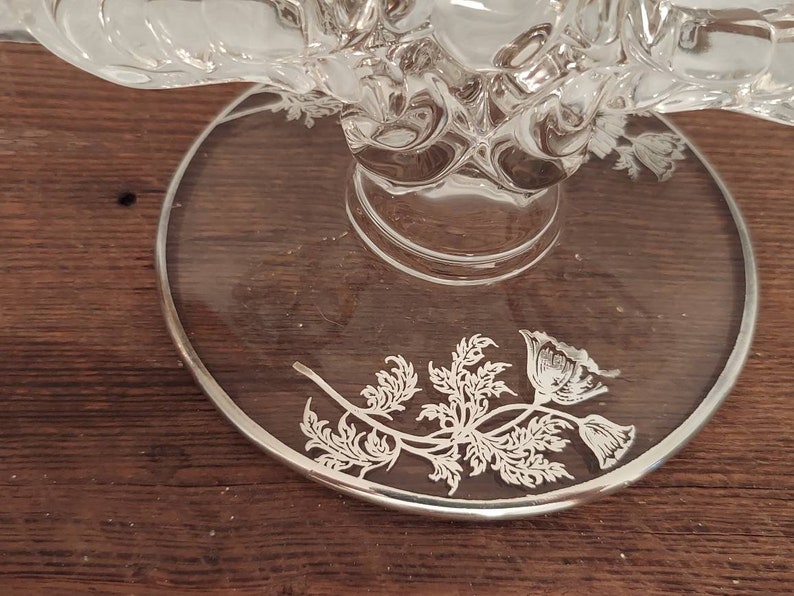 Vintage Glass Double Candle Holders Silver Etched Flower Design image 7