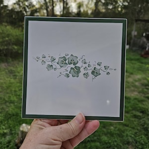 May include: Square ceramic tile with a white background and a green border. The tile features a delicate design of green ivy leaves and vines. The tile is being held by a person.