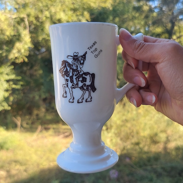 Vintage Texas Top Guns Footed Milk Glass Coffee Mug Cowboy Theme