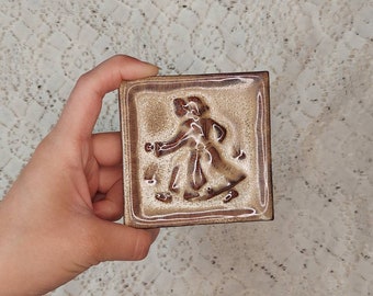 3 1/8 inch Vintage Ceramic Tile Woman Running