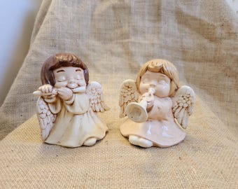 Vintage Ceramic Angel Figurines: Musical Horn & Flute Decor Two Angels