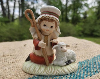 Vintage Homco Shepherd Boy and Sheep Bisque Figurine