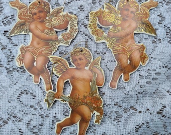 Three Cardboard Christmas Die Cut Angel Ornaments 1980s Era Victorian Syle