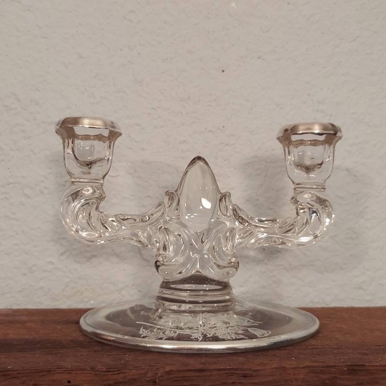 Vintage Glass Double Candle Holders Silver Etched Flower Design image 2