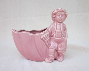 Pink Boy and Shell Vintage Planter German Looking Boy Retro Planter or Vase