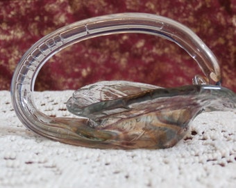 Miniature Stretch Glass Basket Clear and Brown Marbled Dish Bowl or Salt Dip Vintage Art Glass