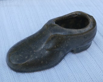 Antique or Old Vintage Shoe Figurine  Yellow Ware Pottery Speckled Green Frogskin Color Figure