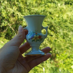 Victoria Czechoslovakia Mini Porcelain Vase with Flower Design and Handles