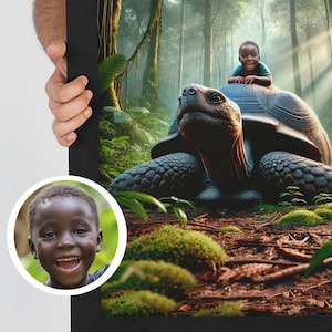 Niño montando una tortuga en el bosque, retrato de tortuga personalizado, retrato de bebé personalizado, retrato de niño personalizado, regalos de cumpleaños, niños