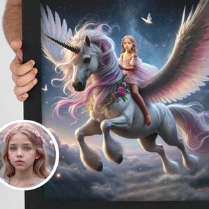 Kids Riding Unicorn, Personalized Girls Portrait, Custom Baby Wall Art, Custom Child Portrait, Birthday Gifts Present, Toddler Boy Girl Gift