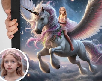 パーソナライズされたユニコーンのポートレート：カスタム子供用ウォールアート、誕生日プレゼント