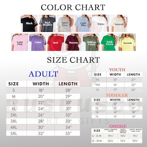 以下が含まれることがあります： Tシャツの色見本とサイズ表。色見本には、黒、赤、緑など、さまざまなシャツの色が表示されています。サイズ表には、大人、ユース、幼児、ロンパースのサイズがあり、幅と長さの測定値がcmで表示されています。