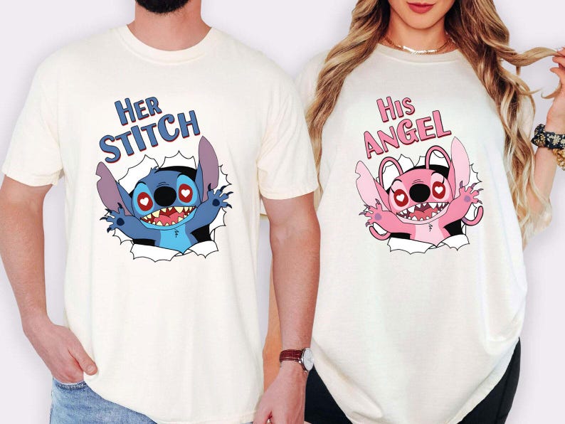 May include: Cream-coloured t-shirts with cartoon character designs. One shirt features a blue Stitch design with the text "Her Stitch." The other has a pink Angel design with the text "His Angel." Both designs have heart-shaped eyes.