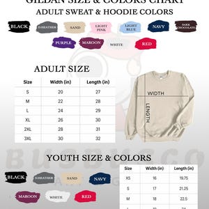 Peut inclure: Un tableau des tailles et des couleurs pour les sweats &agrave; capuche et les sweats Gildan pour adultes. Le tableau comprend des &eacute;chantillons de couleurs en noir, gris chin&eacute;, sable, rose clair, bleu clair, marine et autres couleurs. Le tableau des tailles adultes indique les mesures en pouces.