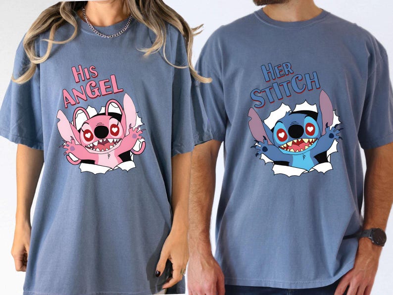 May include: Two blue t-shirts featuring cartoon characters. One has the text "His Angel" and a pink character, the other says "Her Stitch" with a blue character. Both designs appear to be breaking through a paper effect.