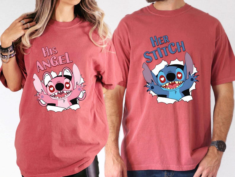 May include: Matching red t-shirts with Stitch cartoon designs. One shirt says "His Angel" with a pink Stitch, the other says "Her Stitch" with a blue Stitch. Both designs show Stitch breaking through a white background, ideal for couples.
