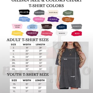 Peut inclure: Un tableau des tailles et couleurs de t-shirts Gildan. Le tableau pr&eacute;sente diverses couleurs comme le noir, le marine et le rouge. Il comprend les tailles de t-shirts adultes et jeunes, avec des largeurs de 38 &agrave; 81 cm et des longueurs de 53 &agrave; 89 cm.