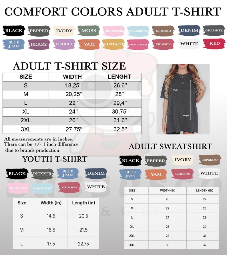 Peut inclure: Image pr&eacute;sentant un t-shirt adulte Comfort Colors avec diff&eacute;rentes options de couleurs et des tableaux des tailles pour les t-shirts et les sweat-shirts adultes et jeunes. Les mesures sont en pouces. L'image comprend &eacute;galement un mod&egrave;le portant un t-shirt.