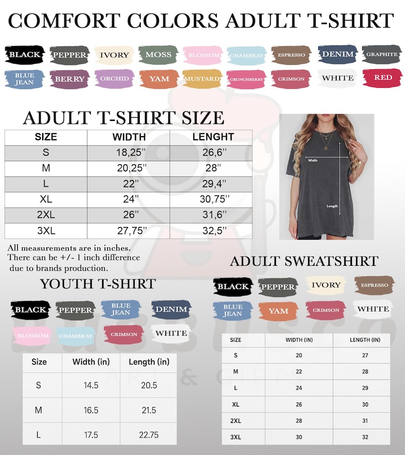 May include: Image showcasing a Comfort Colors adult t-shirt with color swatches and size charts. The chart provides measurements in inches for adult and youth t-shirts, and adult sweatshirts. Colors include black, pepper, ivory, and more.