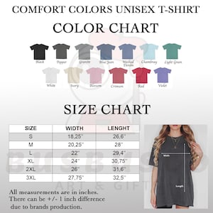 以下が含まれることがあります： 黒、白、赤などの色が掲載された、Comfort ColorsのユニセックスTシャツカラーチャート。サイズチャートには、Sから3XLまでのサイズのインチでの測定値が表示されており、幅は46.36 cmから70.49 cm、長さは67.56 cmから82.55 cmです。