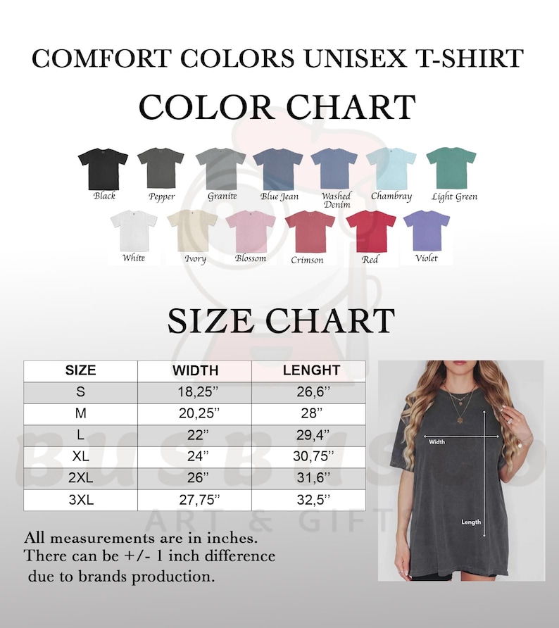 以下が含まれることがあります： 黒、白、赤などの色が掲載された、Comfort ColorsのユニセックスTシャツカラーチャート。サイズチャートには、Sから3XLまでのサイズのインチでの測定値が表示されており、幅は46.36 cmから70.49 cm、長さは67.56 cmから82.55 cmです。