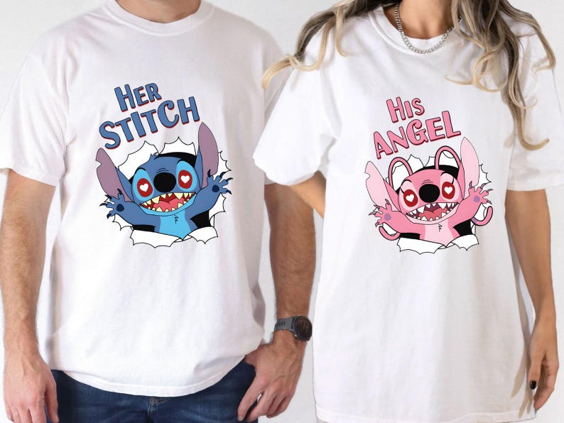 May include: Two white t-shirts with matching cartoon graphics. One shirt features a blue Stitch character with the text "Her Stitch". The other shirt has a pink Stitch character with the text "His Angel".