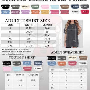 May include: Image featuring a Comfort Colors adult t-shirt with colour swatches and size charts. The chart provides measurements in inches for adult and youth t-shirts, and adult sweatshirts. Colours include black, pepper, ivory, and more.