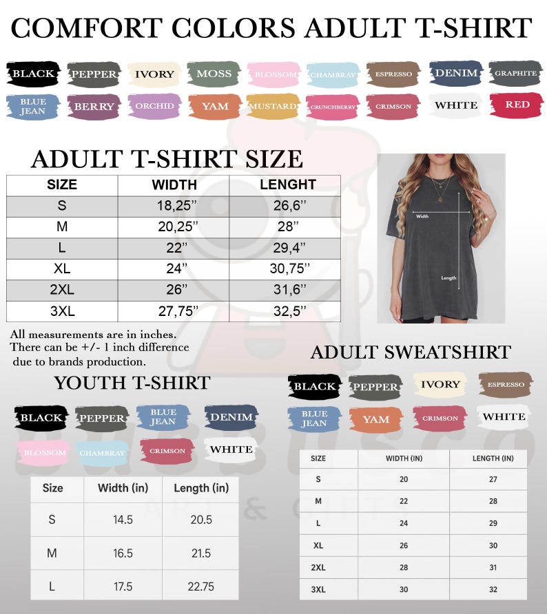 May include: Image featuring a Comfort Colors adult t-shirt with colour swatches and size charts. The chart provides measurements in inches for adult and youth t-shirts, and adult sweatshirts. Colours include black, pepper, ivory, and more.