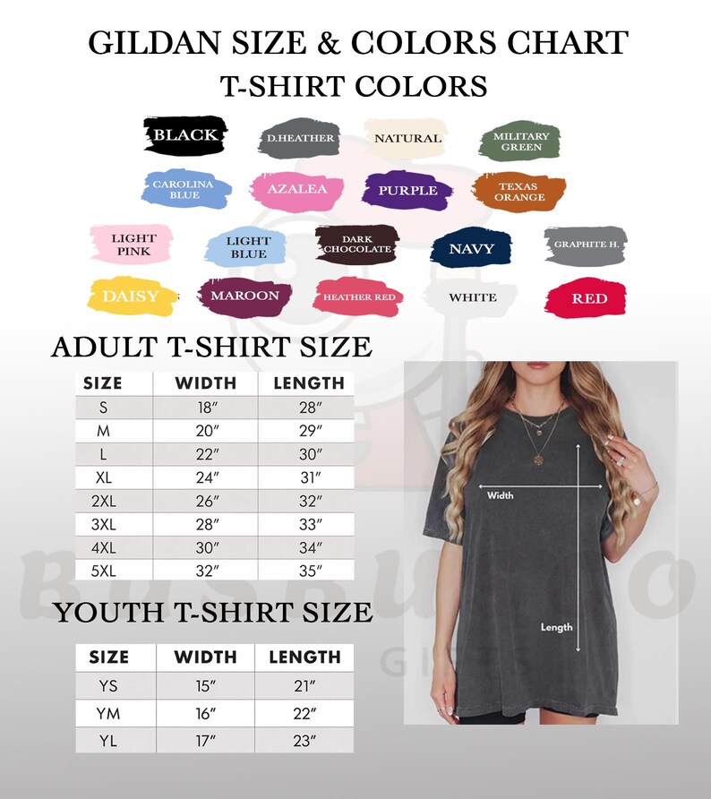 May include: A Gildan t-shirt size and colour chart. The chart shows colours such as black, navy, and red. It also includes adult and youth t-shirt size charts, with measurements in inches for width and length. A woman is wearing a gray t-shirt.