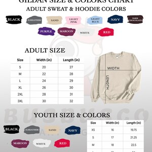 May include: A size and colour chart for Gildan adult sweatshirts and hoodies. The chart includes colour swatches in black, heather grey, sand, light pink, light blue, navy, and other colours. The adult size chart shows measurements in inches for sizes S through 3XL.