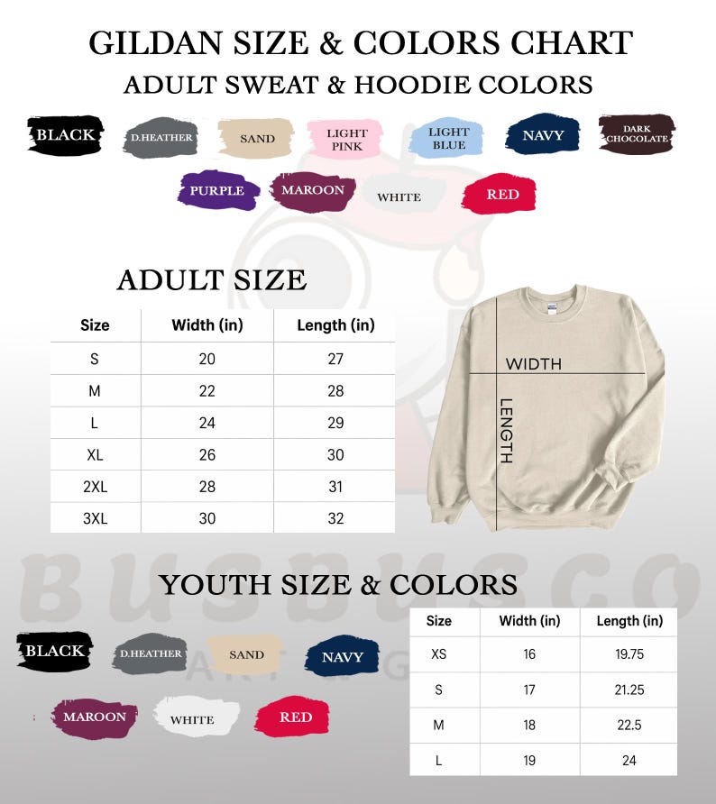 May include: A size and colour chart for Gildan adult sweatshirts and hoodies. The chart includes colour swatches in black, heather grey, sand, light pink, light blue, navy, and other colours. The adult size chart shows measurements in inches for sizes S through 3XL.
