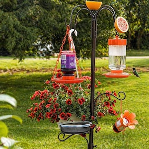 May include: A decorative, dark metal bird feeder station with multiple feeders and a flower pot. The feeders are orange and clear, with a hummingbird nearby. The station also features a half orange and a pot of red flowers, set against a green lawn.