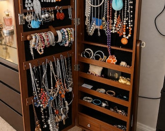 Wooden Freestanding Jewelry Cabinet With Mirror | Makeup Storage Organizer | Jewelry Armoire | Jewelry Storage | Gift For Her