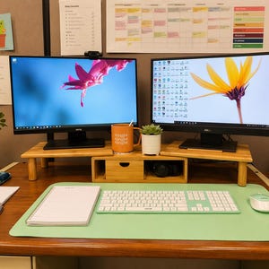 May include: A well-organized desk setup featuring two computer monitors on a wooden riser. A green desk mat holds a keyboard and mouse. A mug with text, a succulent, and a notepad are also visible. The monitors display floral images.