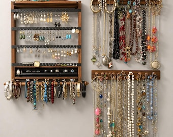 Set of 3 Wall Mounted Wood Jewelry Organizer | Hanging Jewelry Organizer | Earring Holder | Jewelry Storage | Necklace Display