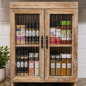 May include: A rustic wooden spice rack with two glass-paned doors. The cabinet is filled with various spice jars, including thyme, basil, and paprika. The cabinet is made of light-colored wood and has decorative handles.