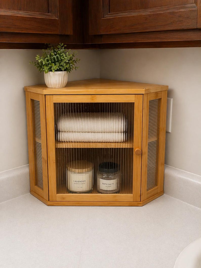 May include: A light brown corner cabinet with a glass door, holding folded white towels, a candle labeled "Lavender", and a jar of "Bath Salts". A small potted plant sits on top. The cabinet is made of bamboo.