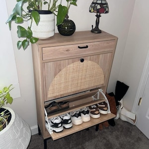 Wood Shoe Rack Storage With 2 Natural Rattan Doors | Shoe Organizer | Storage Cabinet | Shoe Cabinet | Shoe Shelf | Boot Storage